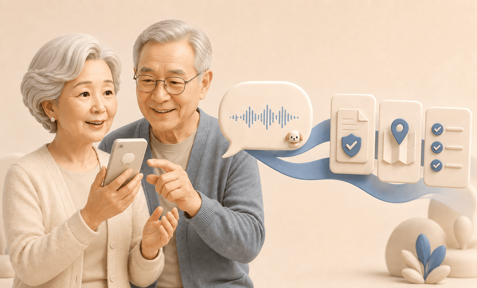 할머니와 할아버지가 함께 스마트폰으로 질문하고 근거 자료·지역 안내·다음 행동을 확인하는 로디 인터페이스 일러스트