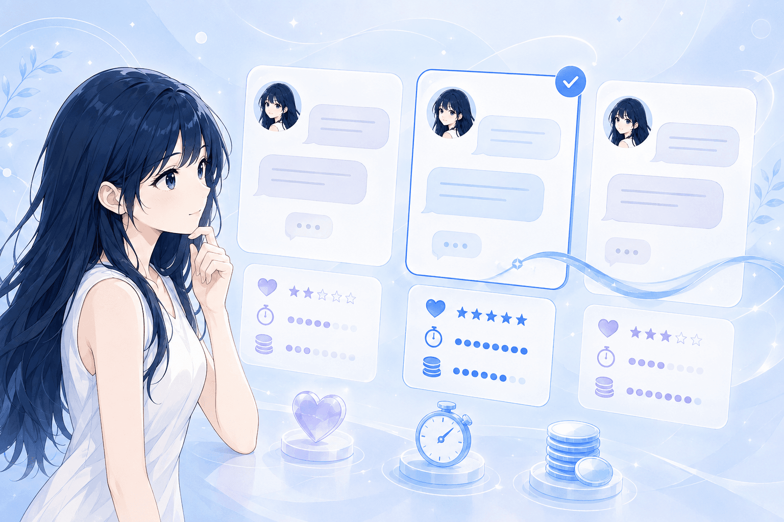 DearMate 캐릭터가 여러 모델의 대화 응답을 비교하고, 선호·응답 시간·비용을 고려해 답변을 선택하는 일러스트