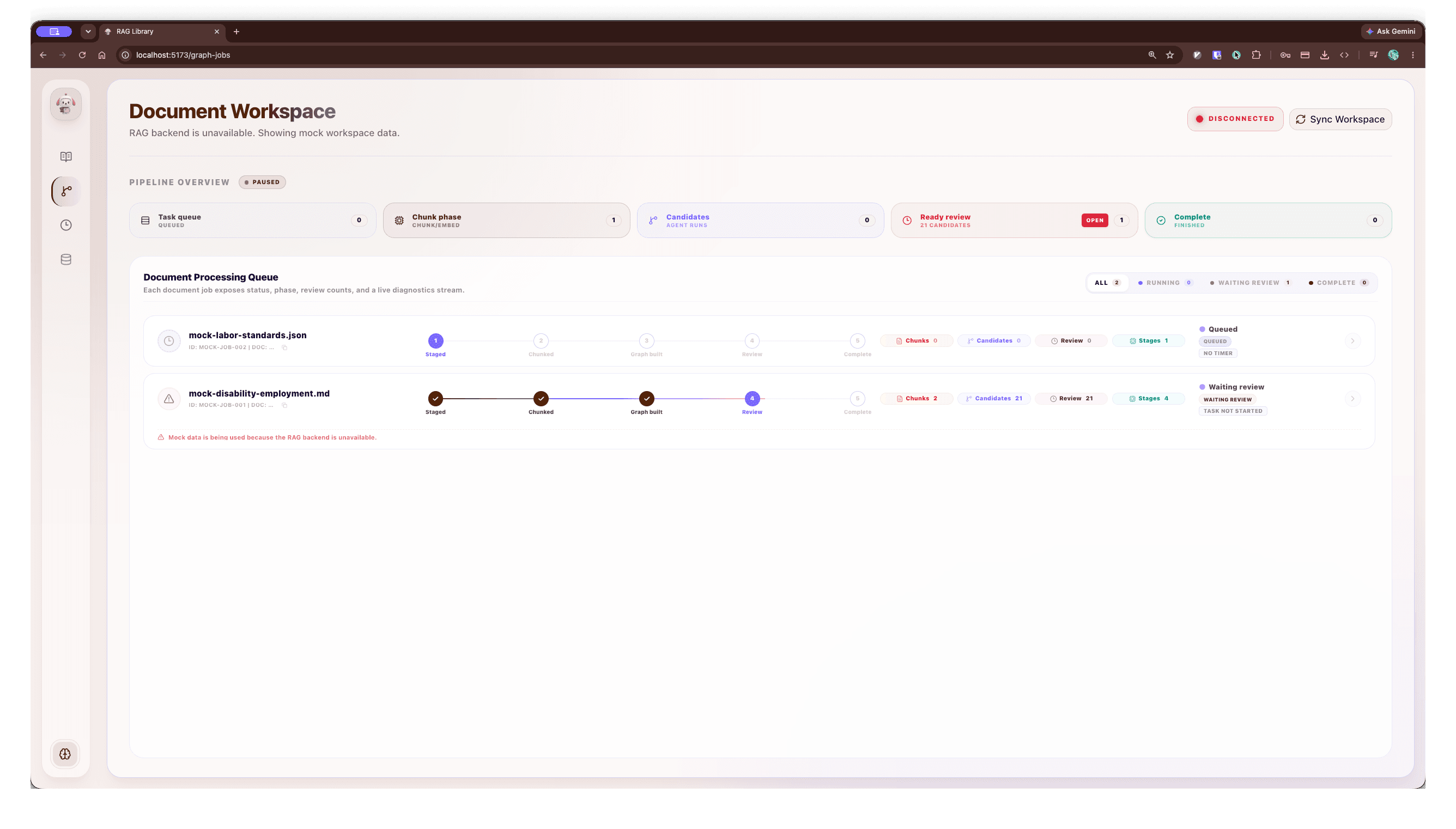 예시 데이터로 문서별 지식 구축 진행 단계를 표시하는 로디의 Graph Jobs 화면