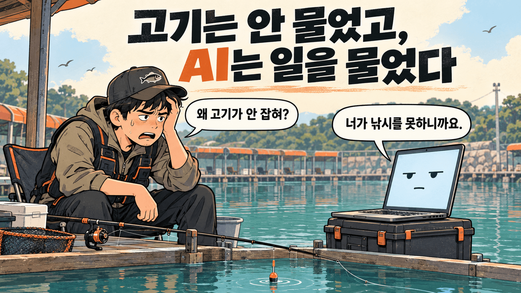 고기는 안 물었고, AI는 일을 물었다. 낚시꾼의 ‘왜 고기가 안 잡혀?’라는 질문에 노트북 속 AI가 ‘너가 낚시를 못하니까요.’라고 답하는 만화 커버