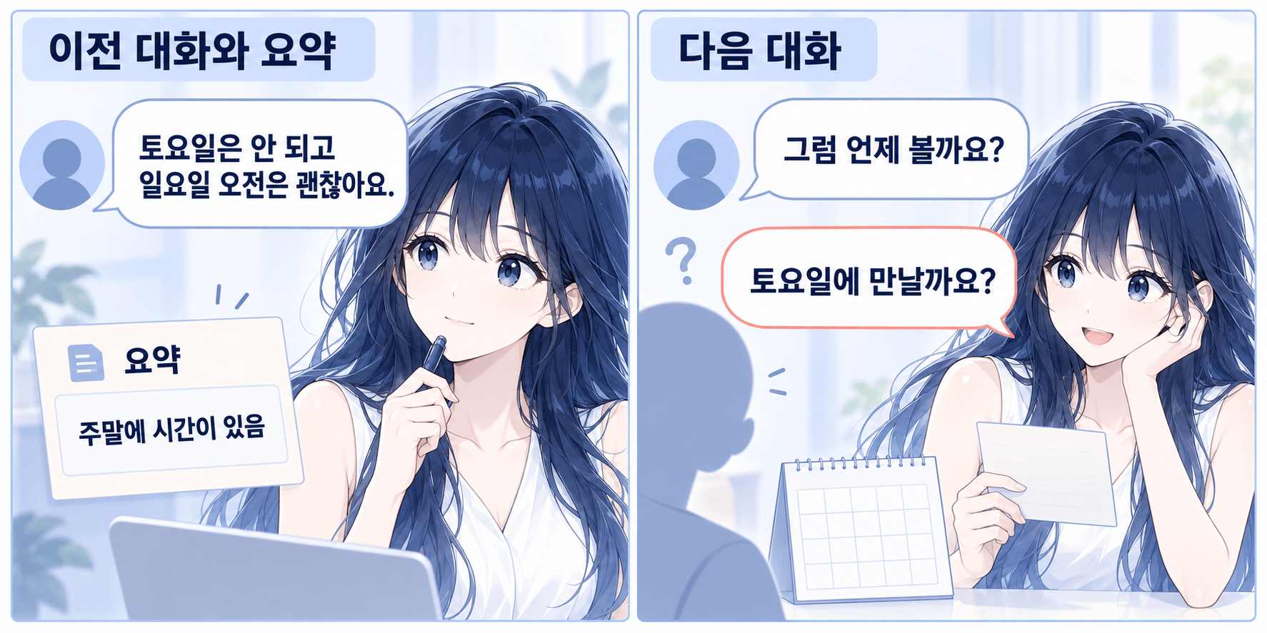 토요일은 안 된다는 조건이 주말에 시간이 있다는 요약으로 바뀌어 토요일 약속을 제안하는 가상 대화