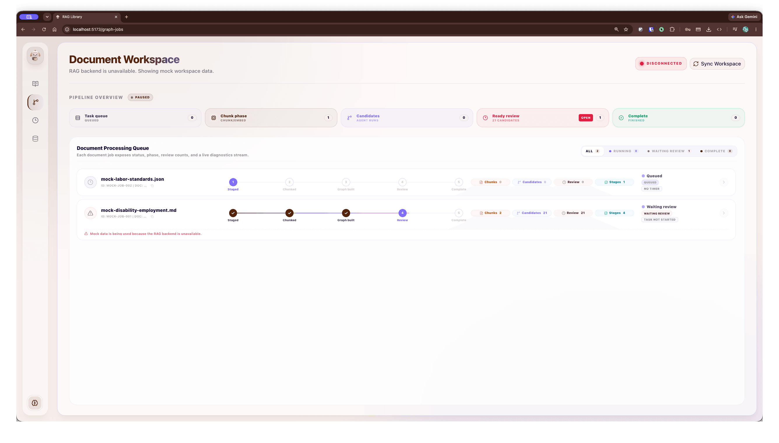 문서별 Staged, Chunked, Graph built, Review 단계를 보여주는 Graph Jobs 화면