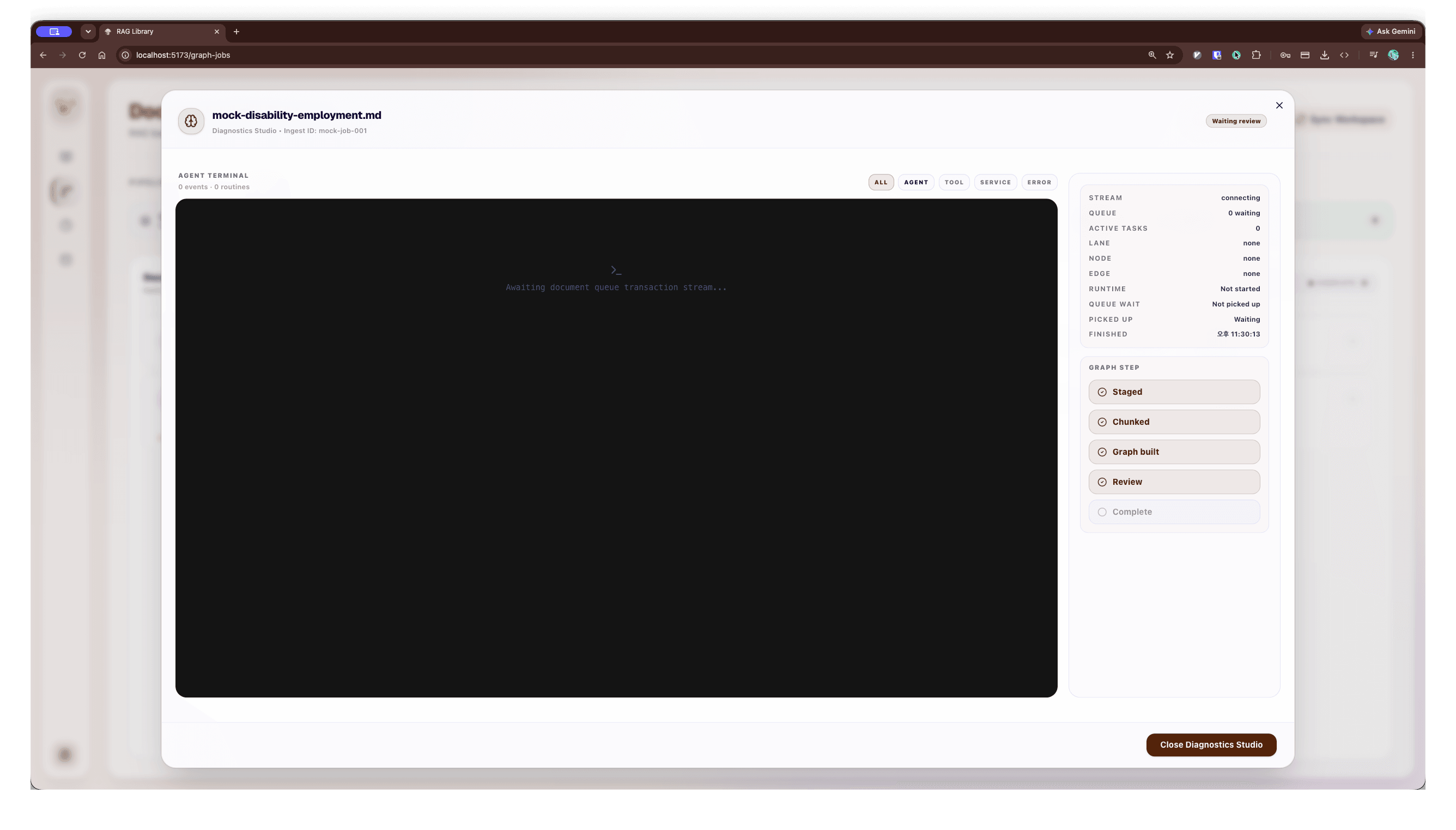 선택한 문서 job의 실행 stream과 graph step을 보여주는 Diagnostics Studio 화면