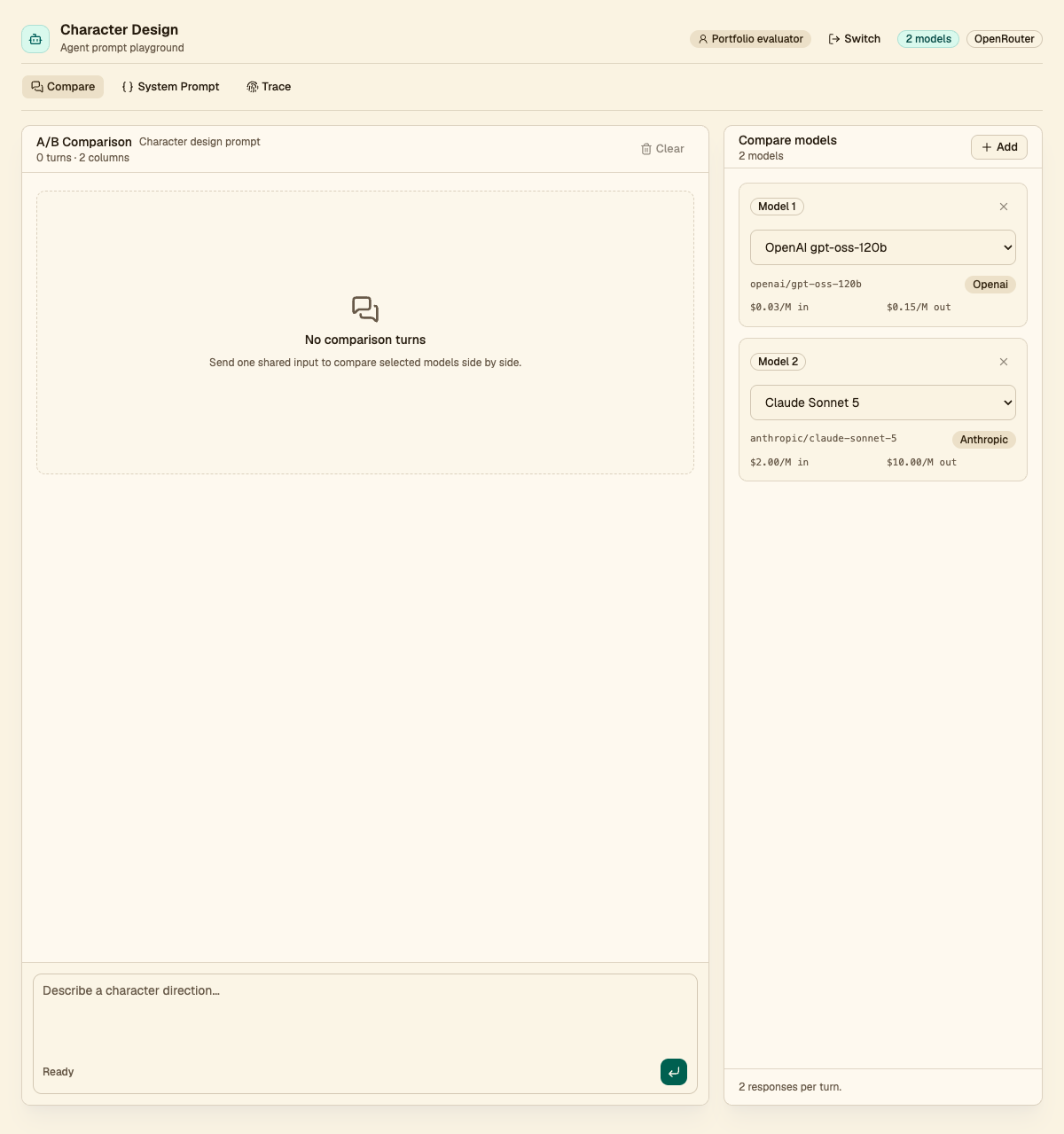 DearMate Quality Analyst의 LLM Arena 모델 비교 설정 화면